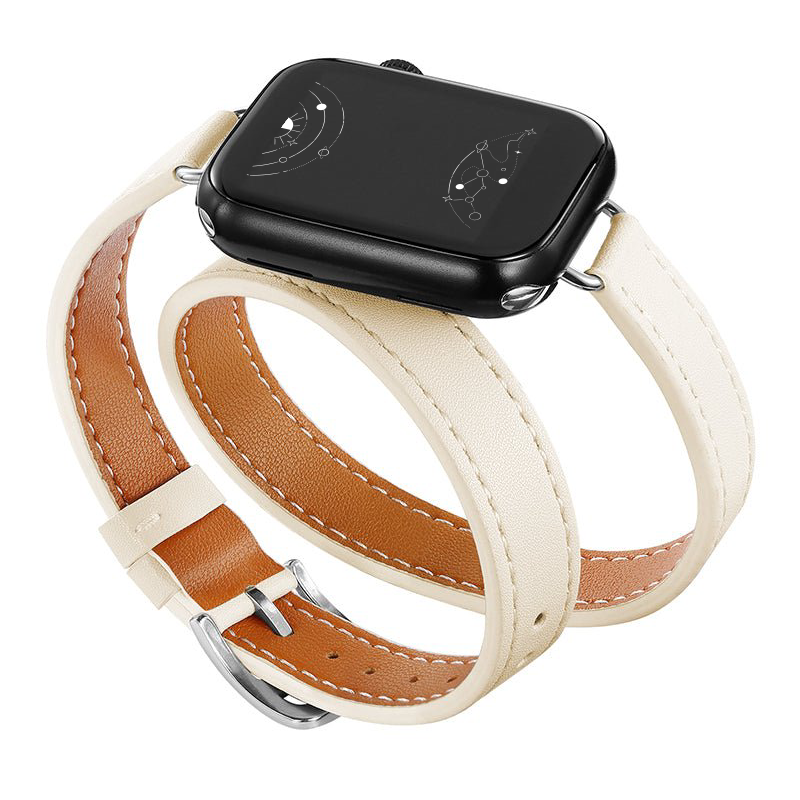 Fulgeo Double Tour Leather Band For Apple Watch Series 1 9 Ultra Ultra 2 SE SE2 Finest iWatch Strap Starlight 42MM 44MM 45MM 49MM